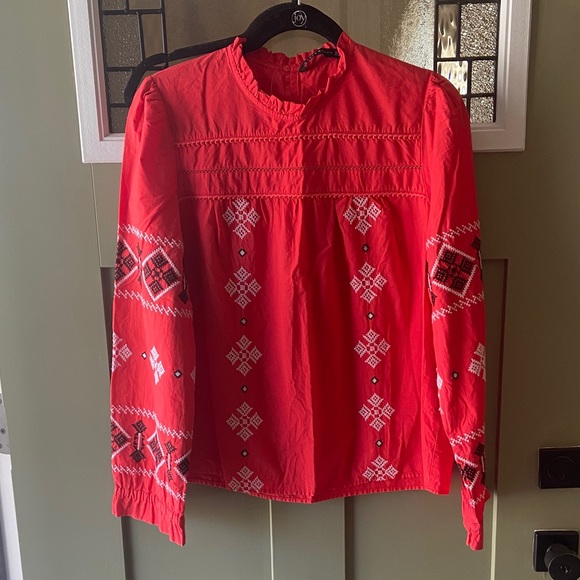 Zara Tops - Zara Woman Red Embroidered Long-Sleeve Blouse Size L Excellent Condition